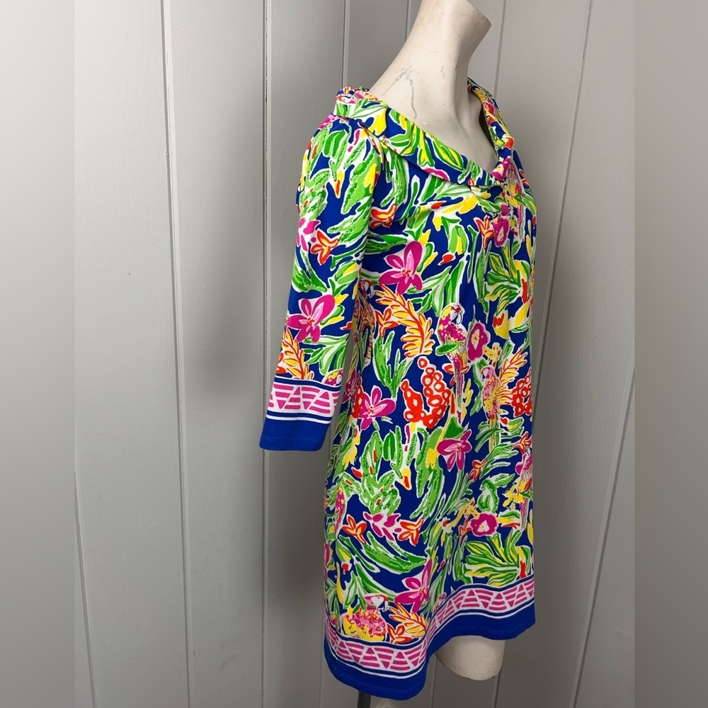 Barbara Erickson Tropical Parrot Print Dress 3/4 Sleeve Resort Shift small - Picture 2 of 7